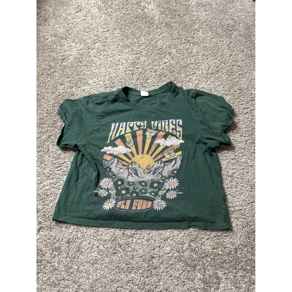 Vibe N Happy Vibes Fly Free Graphic Crop Top Green Boho Mountain Sun Small